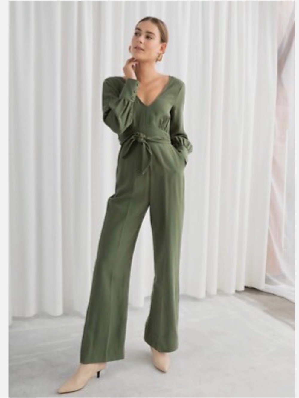 & Other Stories Flares Belted Jumpsuit Sz 4 Olive Green Full Length Long